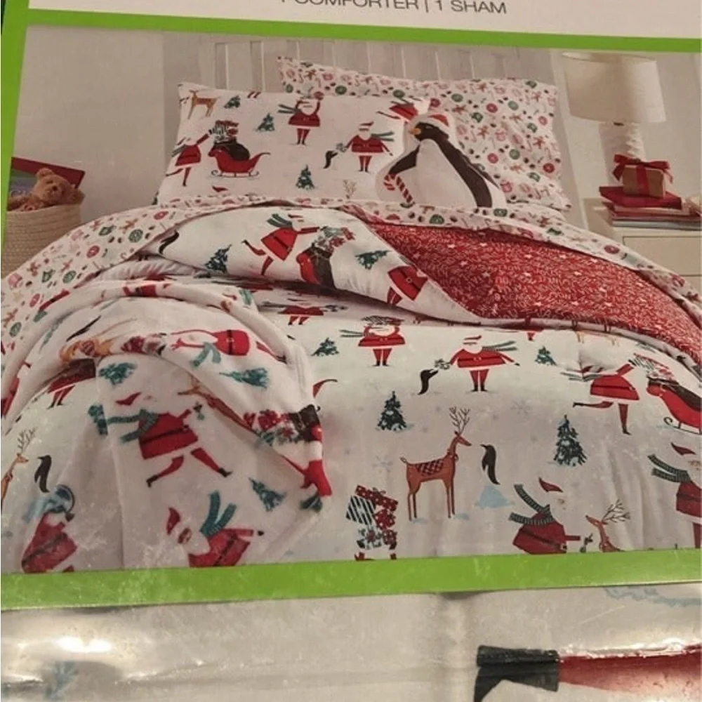 NEW CHARTER CLUB KIDS TWIN SANTA & FRIENDS REVERSIBLE 2 PIECE COMFORTER TWIN SET
